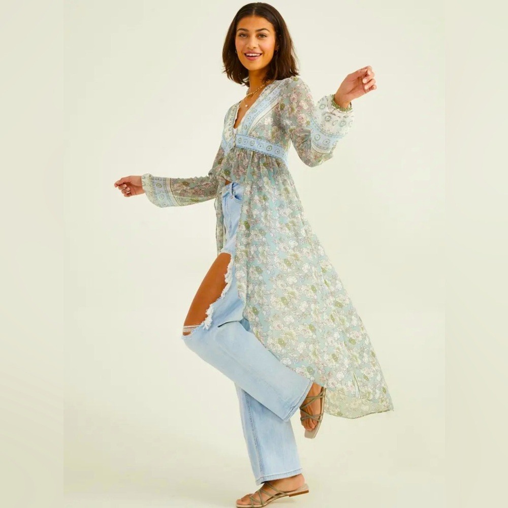 Alter'd State Sheer Pastel Chiffon Kimono  Floral Waterfall Hi-Lo Small